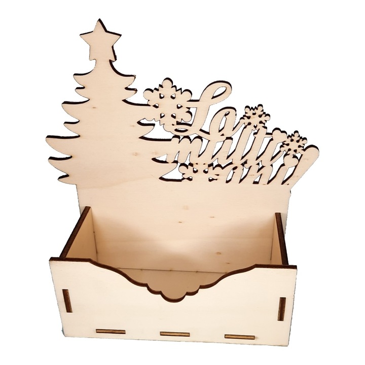 Cutie mica pentru Aranjamente Florale de Craciun, Model La multi ani cu fulgi debitat, Lemn, 15x7 cm, CC11