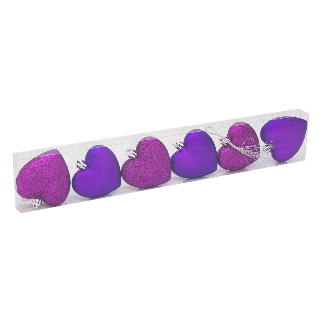 Set 6 globuri in forma de inimi violet de Craciun, Lioness, 7 cm