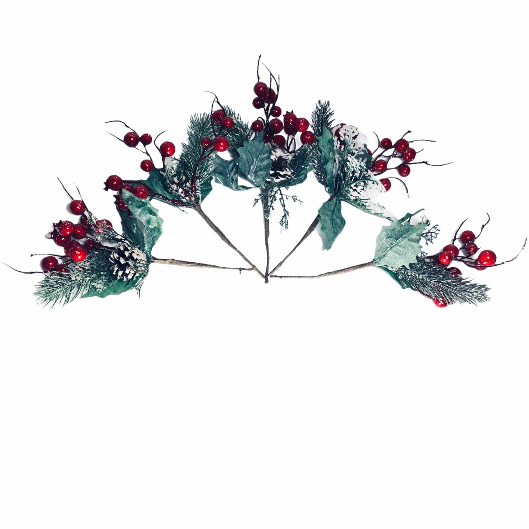 Set 5 crengute decorative merisoare si con, Craciun, Atelier, Plastic, Rosu/Verde, 15cm