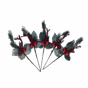 Set 5 crengute decorative merisoare si con pentru Craciun, Atelier, Plastic, Rosu/Verde, 15cm Set 5 crengute decorative merisoare si con pentru Craciun, Atelier, Plastic, Rosu/Verde, 15cm