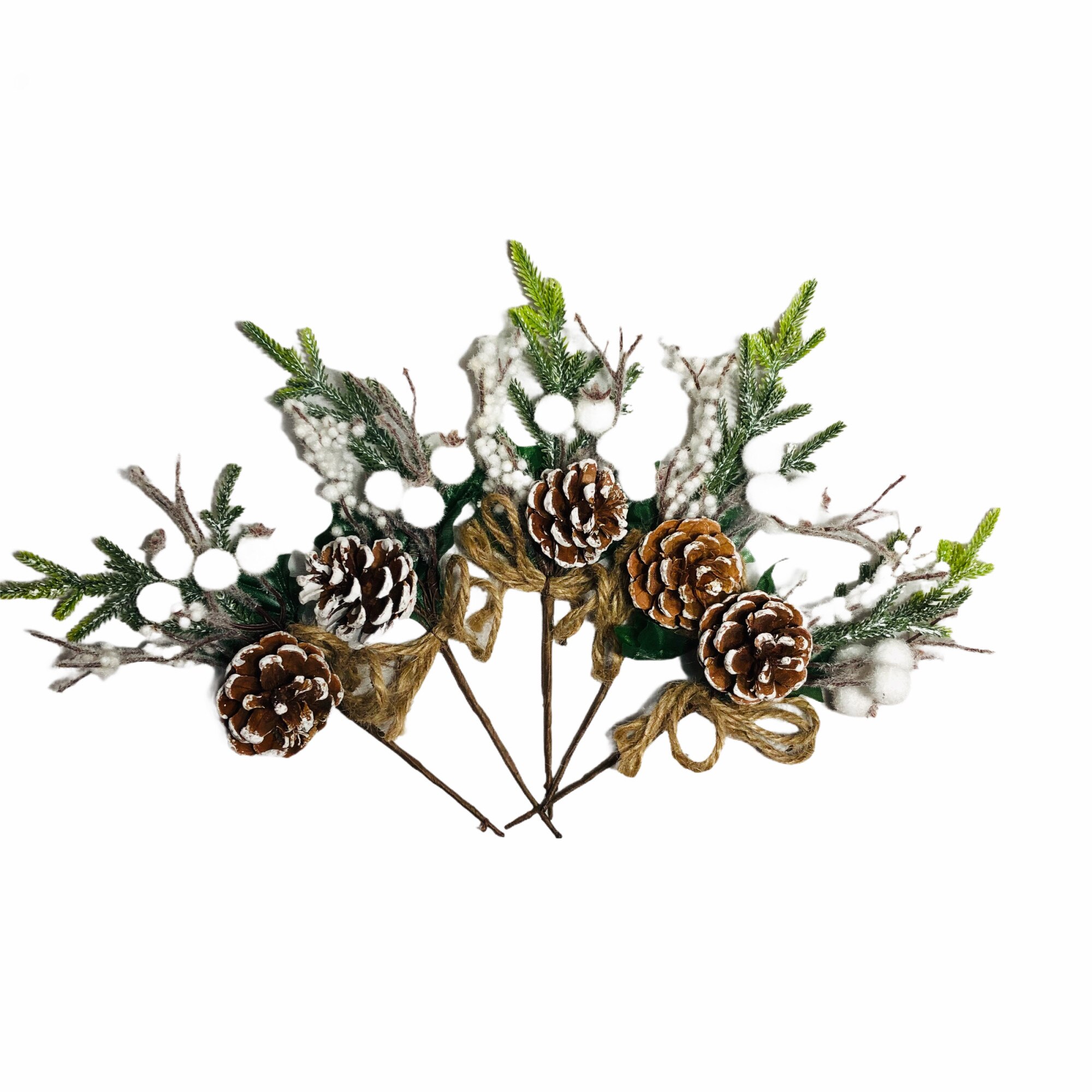 Set Atelier 5 crengute decorative conuri pentru Craciun, Plastic, Alb/Verde, 15cm