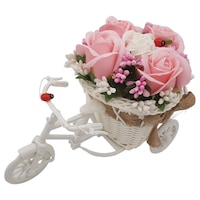 Aranjament floral trandafiri "Bicicleta cu flori zambarete", flori de sapun, Dalimag, 22x15x12 cm