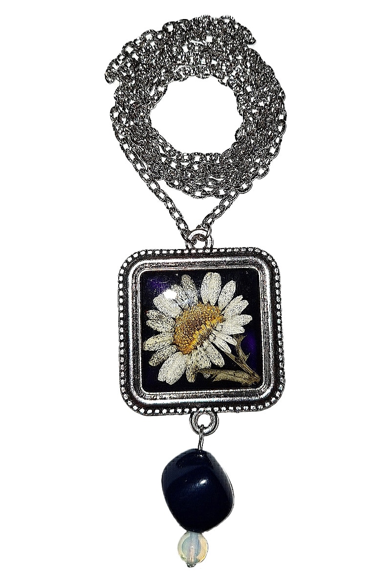 Colier flori naturale, Delirium, albastru, margareta, 74 cm