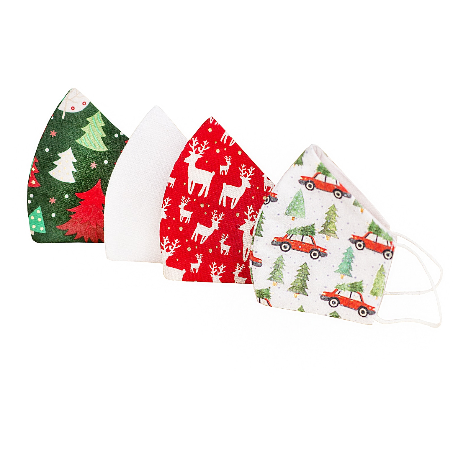 Set 4 Masti protectie faciala FAMILY, CHRISTMAS CARS, reutilizabile, bumbac, 3 straturi, anatomice, cu elastic, copii si adulti