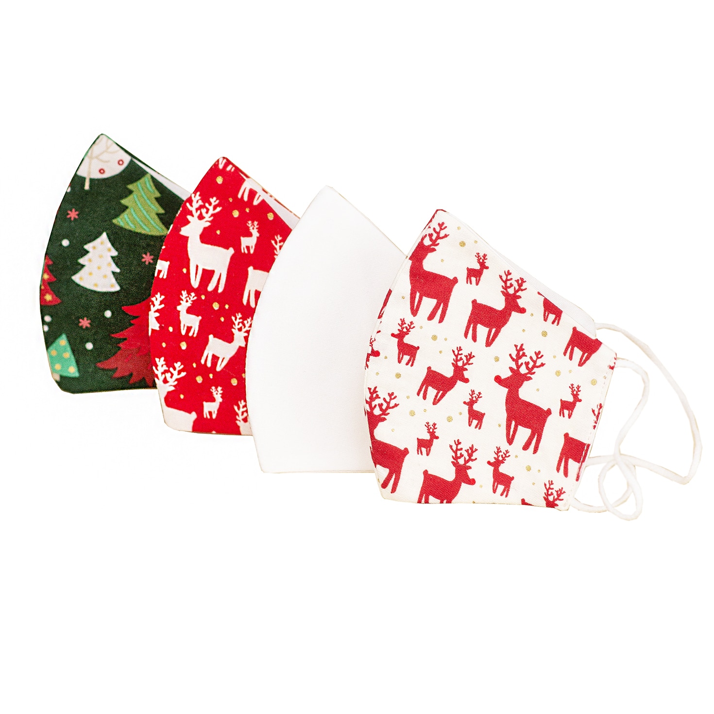 Set 4 Masti protectie faciala ADULTI, FOREST REINDEERS, reutilizabile, bumbac, 3 straturi, anatomice, cu elastic, modele Craciun