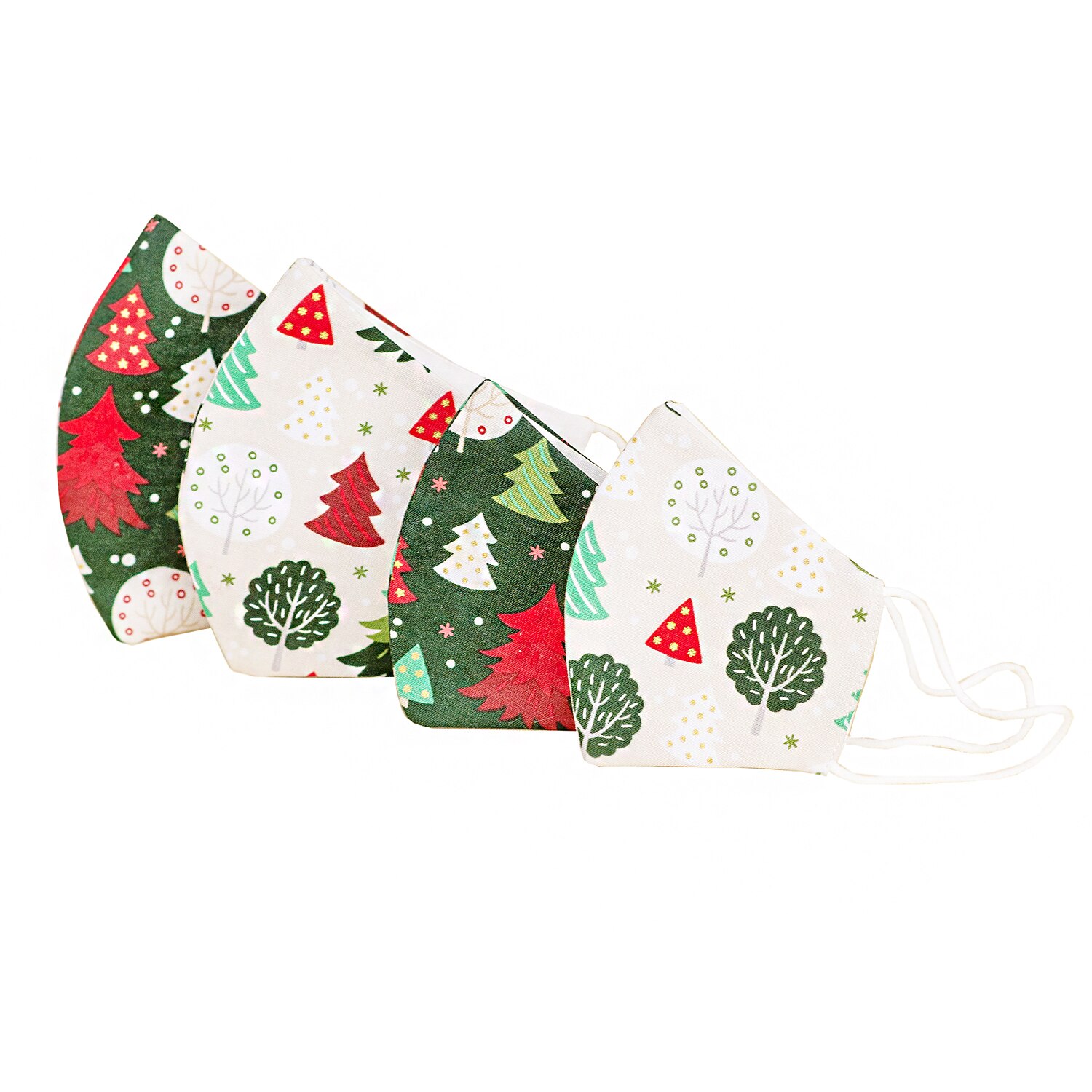 Set 4 Masti protectie faciala FAMILY, CHRISTMAS TREES, reutilizabile, bumbac, 3 straturi, anatomice, cu elastic, copii si adulti