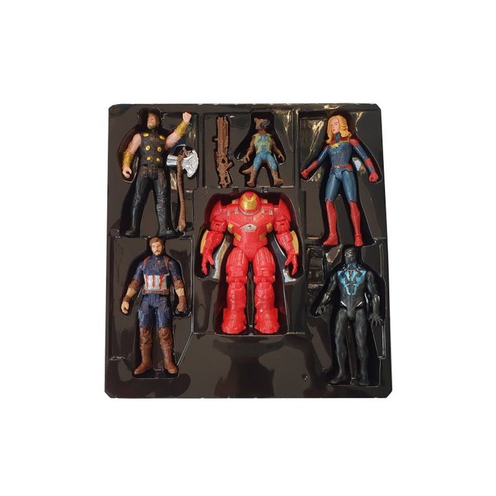 Set 6 figurine articulate tip super eroi Avengers, IronMan HulkBuster, Capitanul America, Rocket Raccoon, Capitanul Marvel, Black Panther, Thor, 14 cm, multicolor, iluminare led, + 6 ani