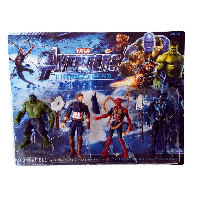 Set 4 figurine articulate tip super eroi Avengers, Hulk, Capitanul America, SpiderMan, Black Panther, 13 cm, multicolor, iluminare led, + 6 ani