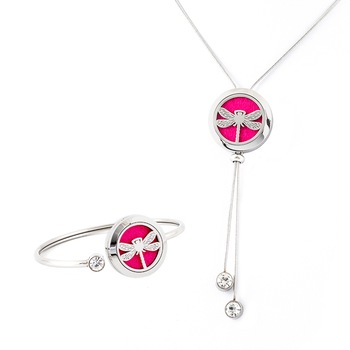 Set bratara si colier dama aromaterapie pentru uleiuri esentiale - difuzor cu model libelula - 10 discuri textile Set bratara si colier dama aromaterapie pentru uleiuri esentiale - difuzor cu model libelula - 10 discuri textile