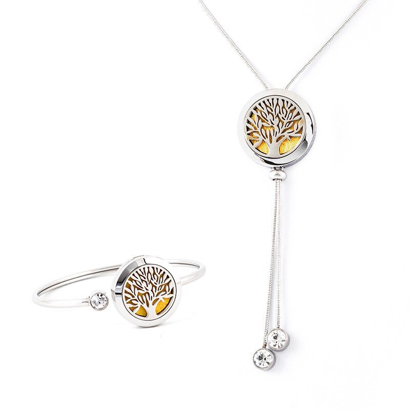 Set bratara si colier dama aromaterapie pentru uleiuri esentiale - difuzor cu model copacul vietii - 10 discuri textile