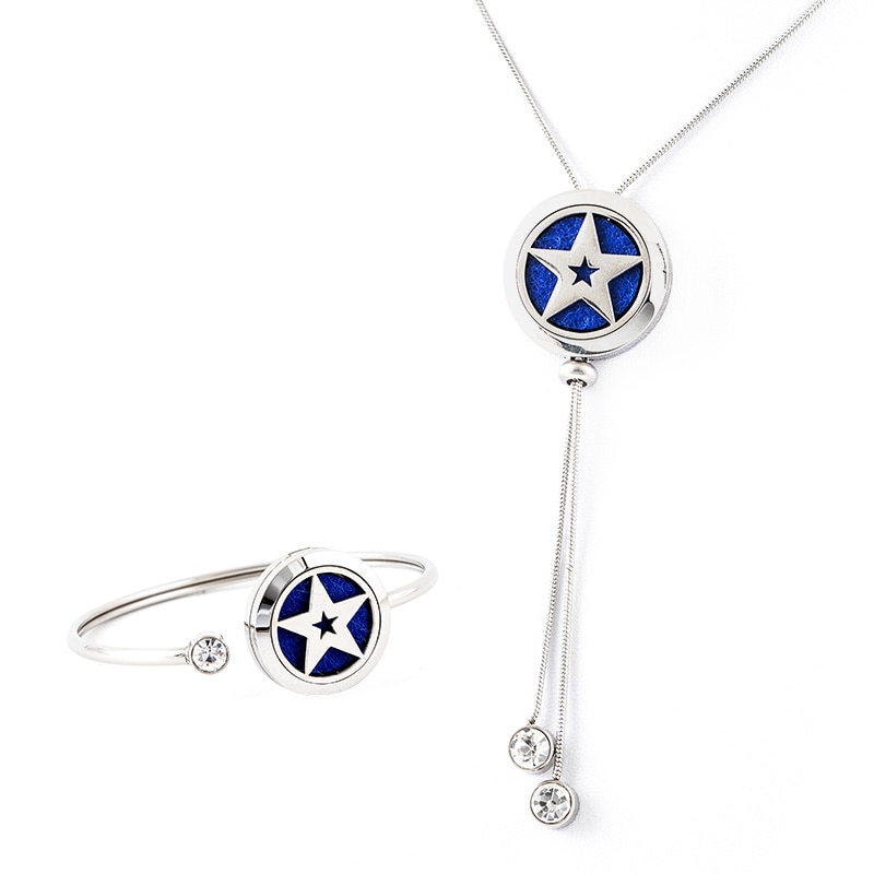 Set bratara si colier dama aromaterapie pentru uleiuri esentiale - difuzor cu model stea - 10 discuri textile