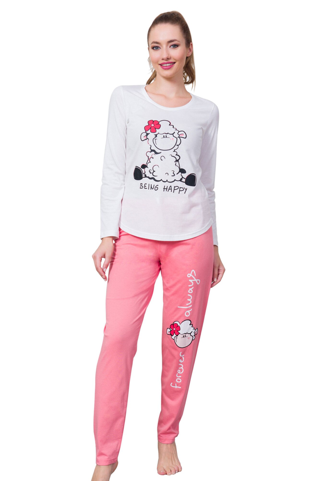 Pijama dama Vienetta , model Being Happy, Alb/Roz