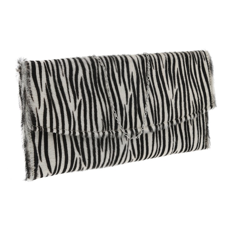 Valódi, szőrös bőrből készült, zebra mintás boritéktáska, The Bag Shop