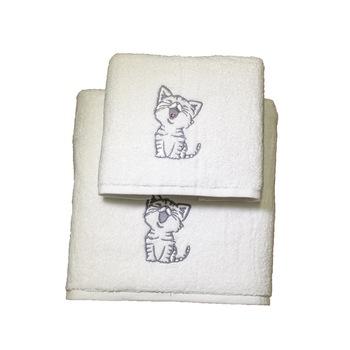 Set 2 Prosoape baie, Royal Home, Brodate, bumbac 100%, Alb, 70x140cm+50x90cm, 650gr/mp, Model Pisicuta Set 2 Prosoape baie, Royal Home, Brodate, bumbac 100%, Alb, 70x140cm+50x90cm, 650gr/mp, Model Pisicuta