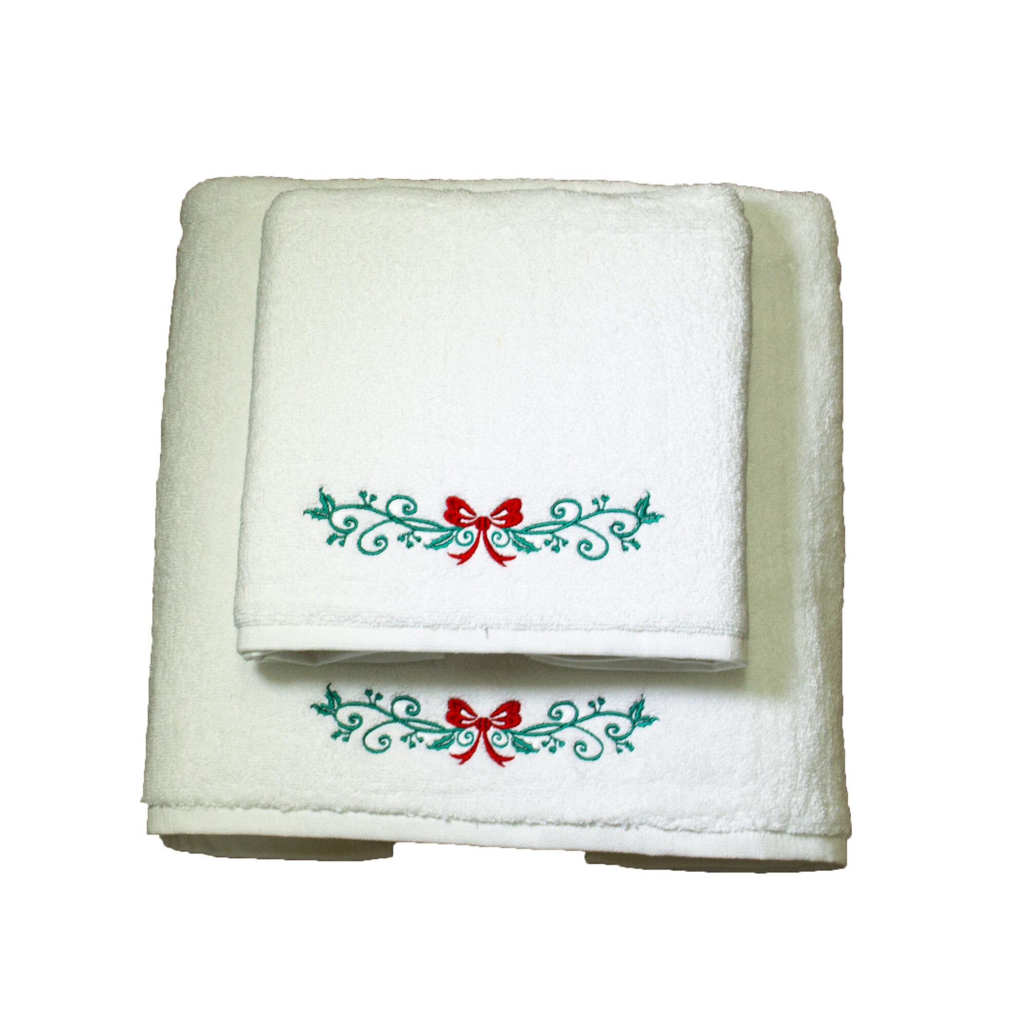 Set 2 Prosoape baie, Royal Home, Brodate, bumbac 100%, Alb, 70x140cm+50x90cm, 650gr/mp, Model Craciun 3