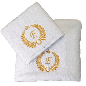 Set 2 Prosoape baie, Royal Home, Brodate, bumbac 100%, Alb, 70x140cm+50x90cm, 650gr/mp, Model Laur cu initiala Set 2 Prosoape baie, Royal Home, Brodate, bumbac 100%, Alb, 70x140cm+50x90cm, 650gr/mp, Model Laur cu initiala