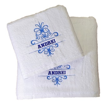 Set 2 Prosoape baie, Royal Home, Brodate, bumbac 100%, Alb, 70x140cm+50x90cm, 650gr/mp, Model Monograma cu Nume Set 2 Prosoape baie, Royal Home, Brodate, bumbac 100%, Alb, 70x140cm+50x90cm, 650gr/mp, Model Monograma cu Nume