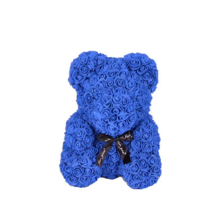 Ursulet din trandafiri de spuma, teddy bear albastru inchis, 25cm, handmade, cutie transparenta