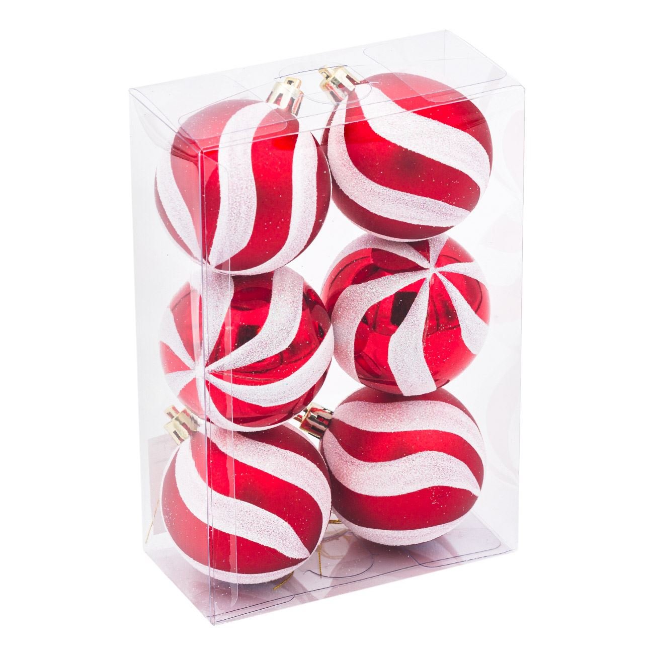 Set 6 globuri alb rosii decorative de Craciun, 6 cm