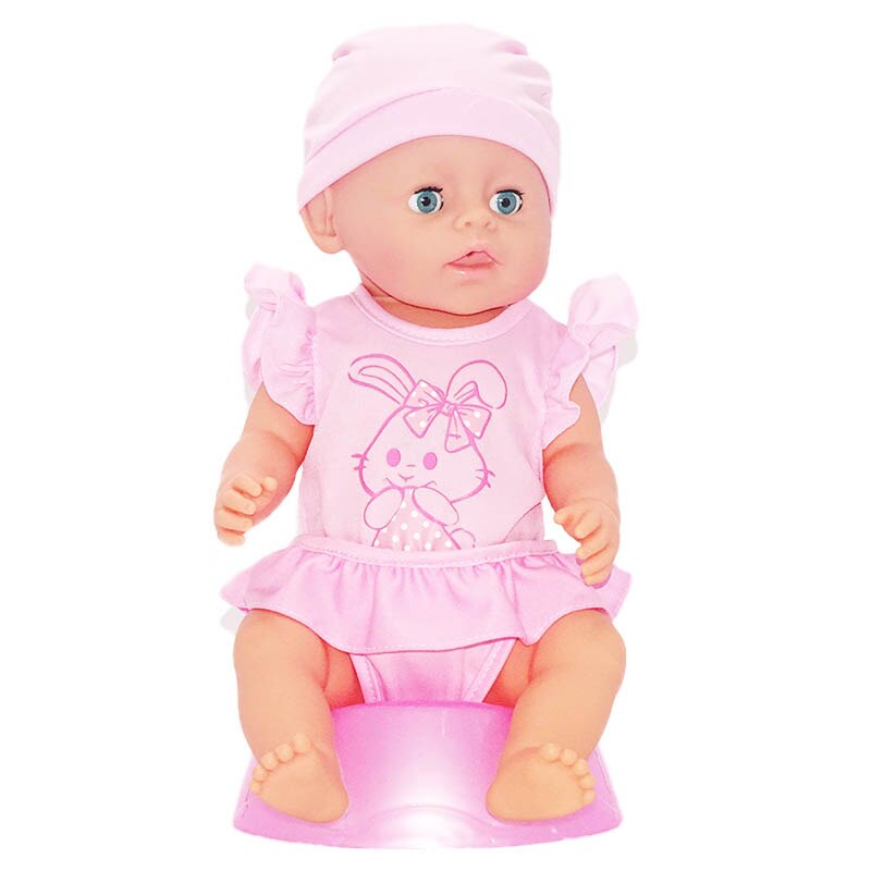 Papusa bebelus cu caciulita si body roz, care bea apa, face pipi, si are accesorii
