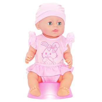 Papusa bebelus cu caciulita si body roz, care bea apa, face pipi, si are accesorii Papusa bebelus cu caciulita si body roz, care bea apa, face pipi, si are accesorii
