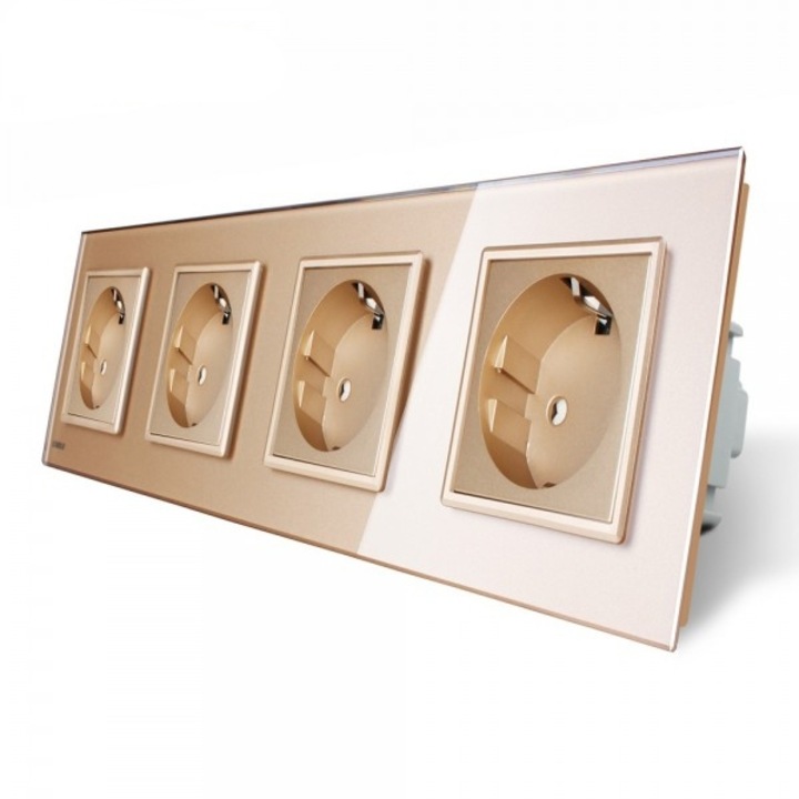 Четворна розетка Livolo със стъклена рамка, златист