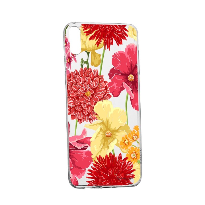 Husa Flowers Rosu Galben, pentru Motorola Moto E6, rezistenta la uzura, anti-alunecare, din silicon Premium, 634