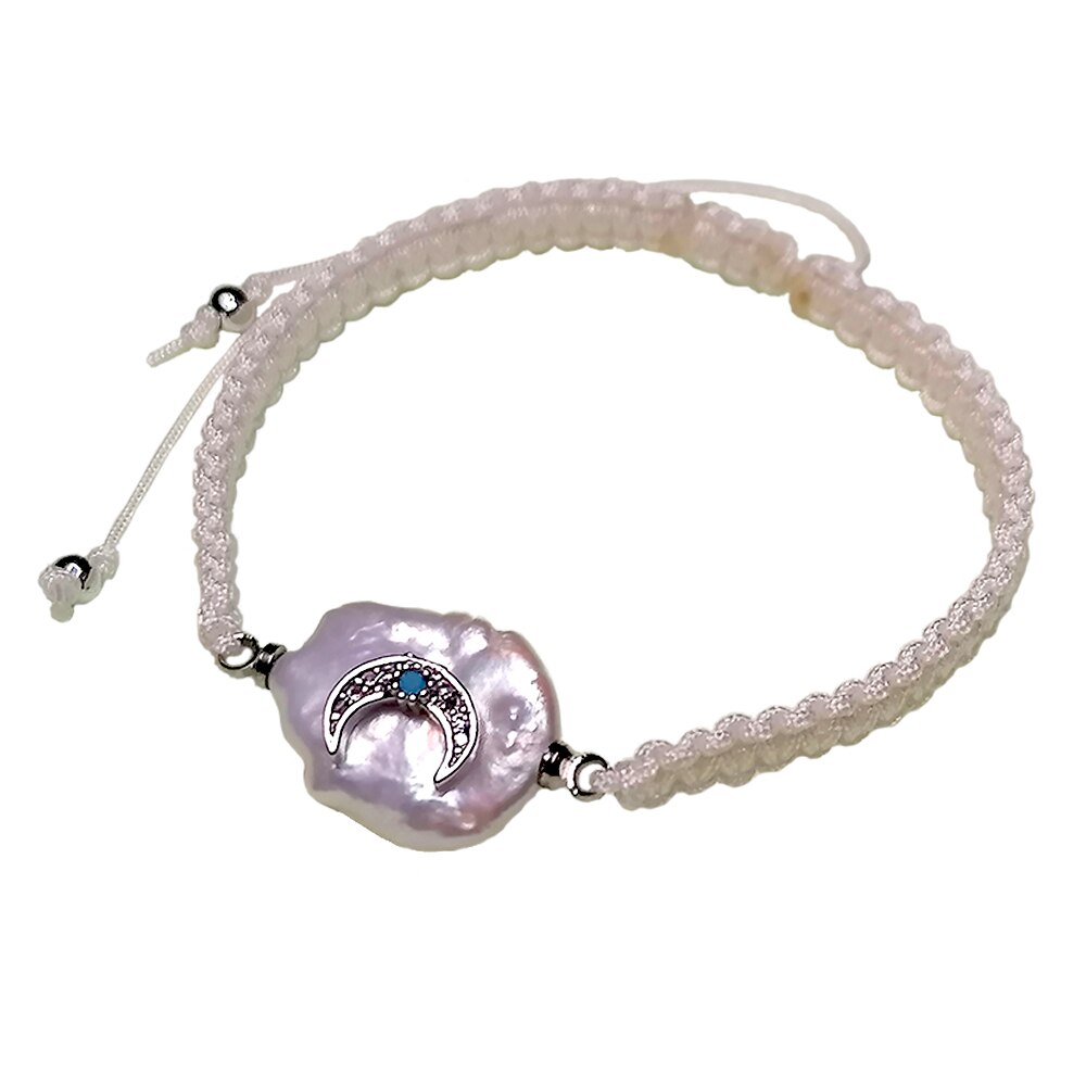 Bratara ArtDeco cu perla de cultura alba, placata cu accesoriu semiluna argintie din otel inoxidabil si cristale Cubiz Zirconia, reglabila 15 -25 cm
