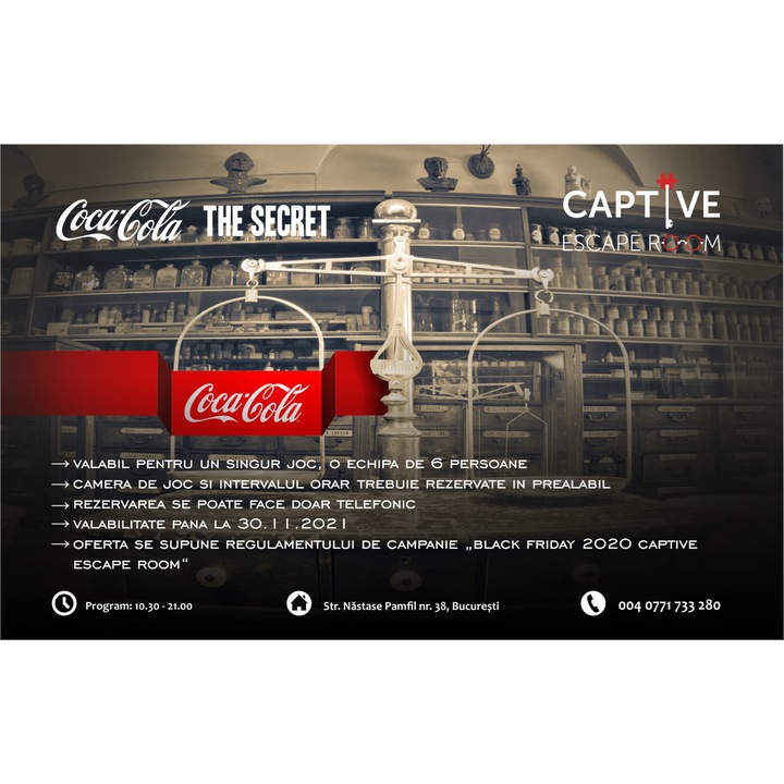 Captive Escape Room, Voucher acces pentru 6 persoane in camera "Coca-Cola - The Secret", valabil pana la 30 Noiembrie 2021