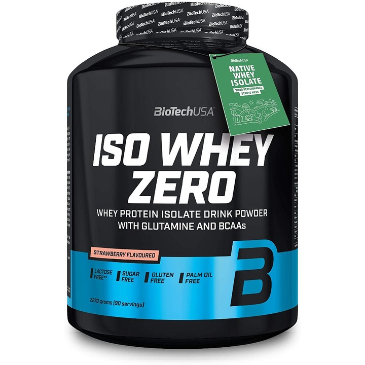 Хранителна добавка Biotech USA, Iso Whey Zero Free Lactose WPI, суроватъчен протеин изолат, 2270 g, вкус на ягода