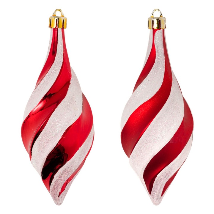 Set 3 globuri alb rosii cu design spirala de Craciun, Lioness, 14 cm