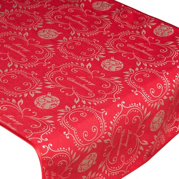 Traversa de masa Craciun Jacquard, BonDia, Model Liric 401, 50 cm x 160 cm, Rosu/Auriu, Globuri/Merry Christmas Traversa de masa Craciun Jacquard, BonDia, Model Liric 401, 50 cm x 160 cm, Rosu/Auriu, Globuri/Merry Christmas