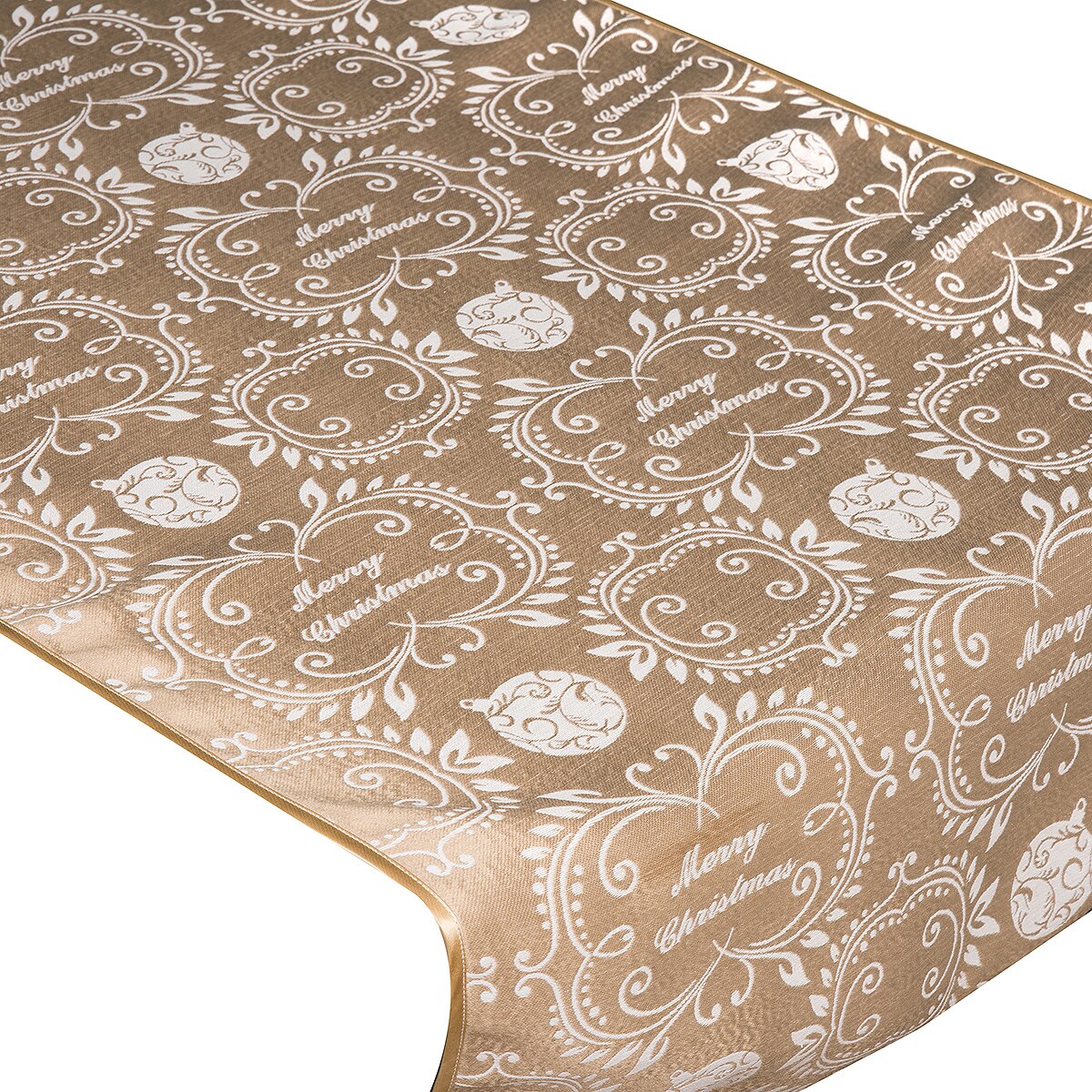 Traversa de masa Craciun Jacquard, BonDia, Model Liric 201, 50 cm x 160 cm, Auriu/Crem, Globuri/Merry Christmas