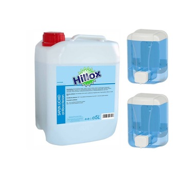 Pachet Sapun lichid antibacterian Hillox 5 L + 2 x Dispenser sapun lichid 500 ml Pachet Sapun lichid antibacterian Hillox 5 L + 2 x Dispenser sapun lichid 500 ml