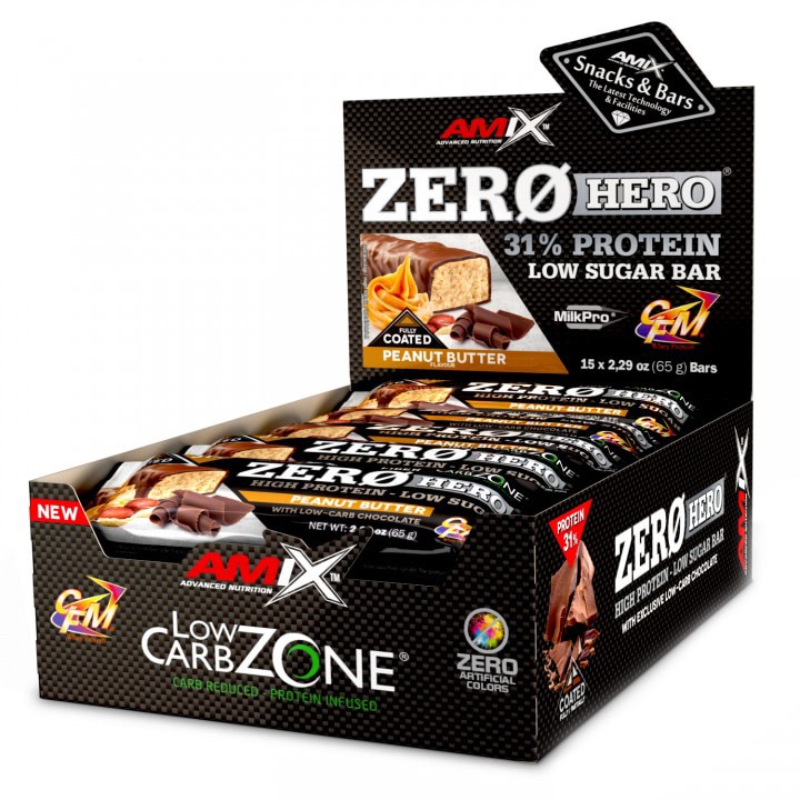 Cutie cu 15 batoane proteice Amix Zerohero Protein Bar fara zahar cu aroma de Unt De Arahide 15X65 Grame