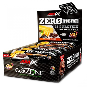 Cutie cu 15 batoane proteice Amix Zerohero Protein Bar fara zahar cu aroma de Portocale 15X65 Grame Cutie cu 15 batoane proteice Amix Zerohero Protein Bar fara zahar cu aroma de Portocale 15X65 Grame