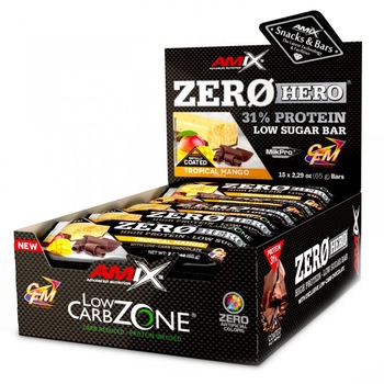 Cutie cu 15 batoane proteice Amix Zerohero Protein Bar fara zahar cu aroma de Tropical-Mango 15X65 Grame Cutie cu 15 batoane proteice Amix Zerohero Protein Bar fara zahar cu aroma de Tropical-Mango 15X65 Grame