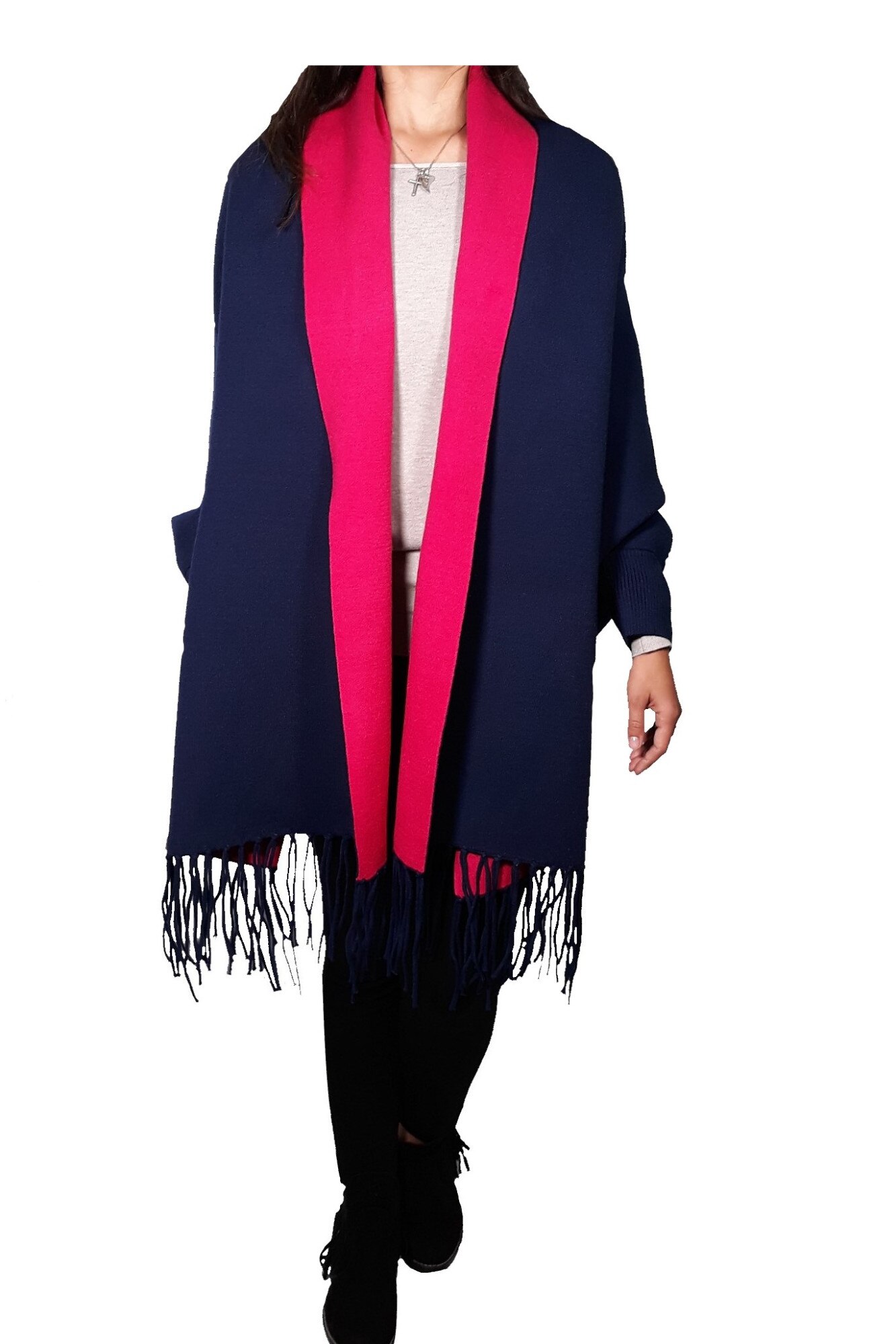 Ponch-cardigan L-line, cu franjuri,one size, Bleumarin/Fucsia, One Size