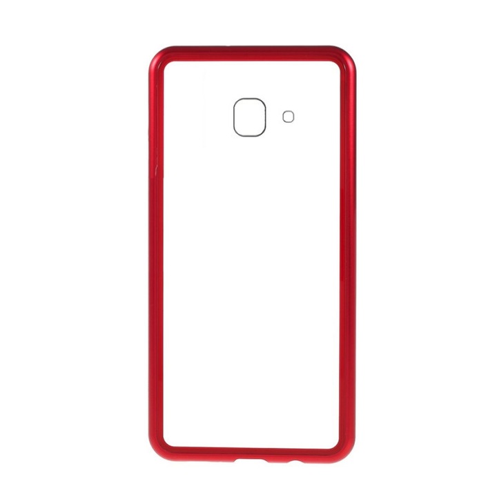 Кейс с магнитен ръб и гръб от закалено стъкло за Galaxy J4 Plus (2018) червен