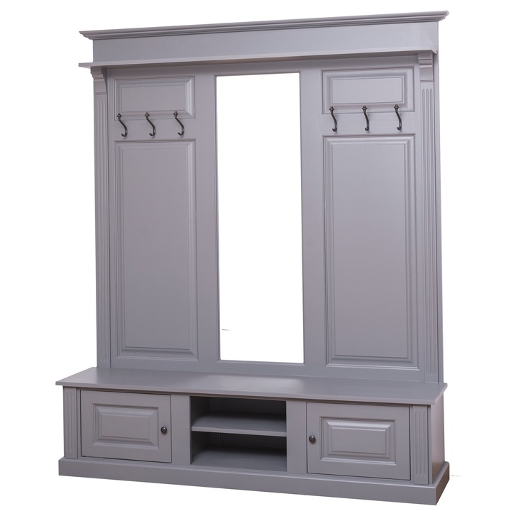 Cuier mare cu oglinda, 2 usi, spatiu deschis, albastru gri, vopsit , 100% lemn masiv