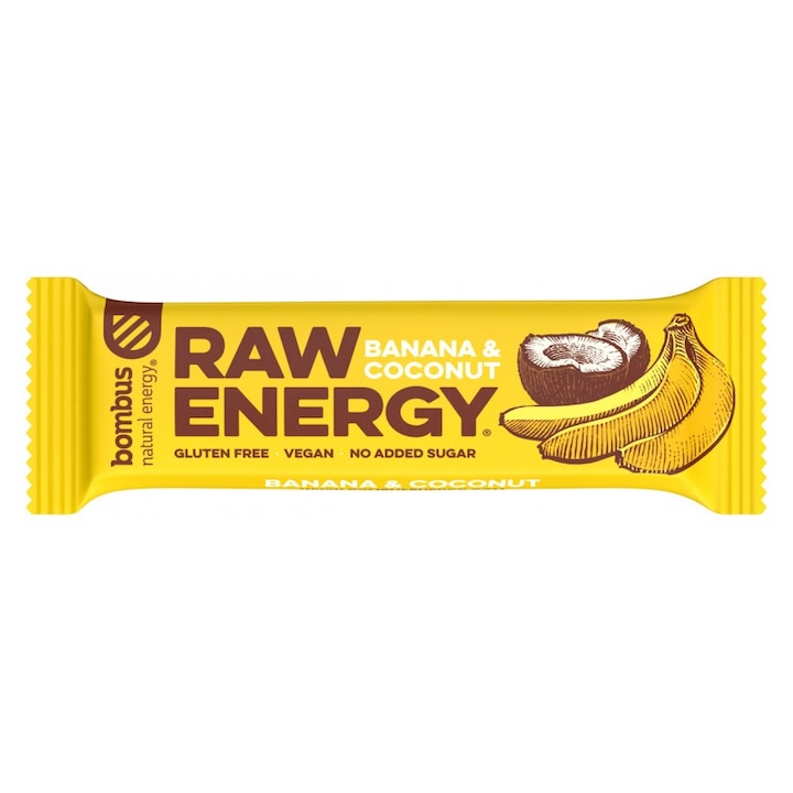 Baton proteic Raw Energy cu banane si nuca de cocos, Bombus, 50g
