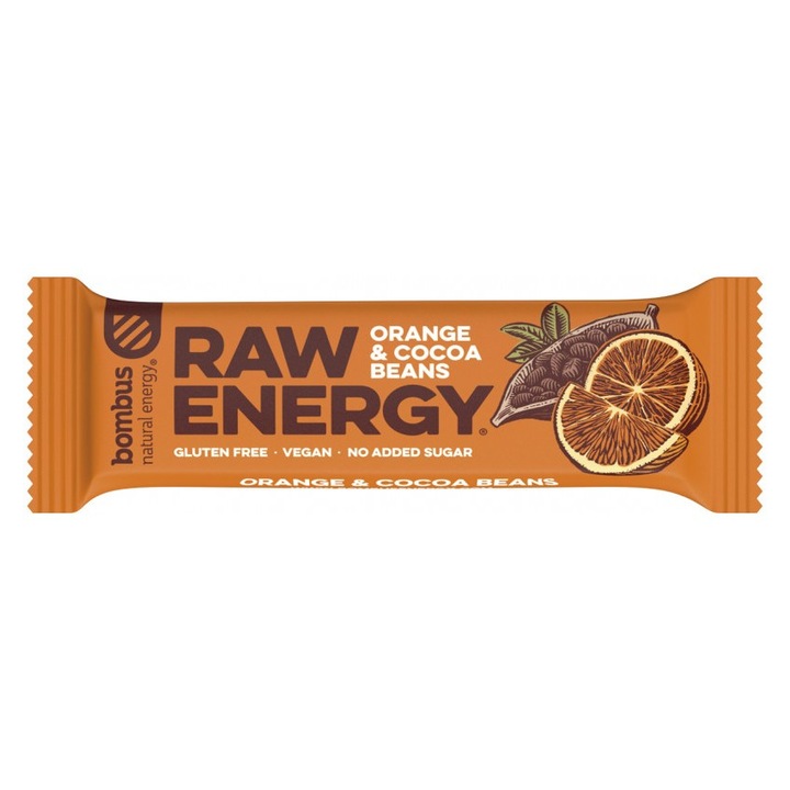 Baton proteic Raw Energy cu portocale si boabe de cacao, Bombus, 50g