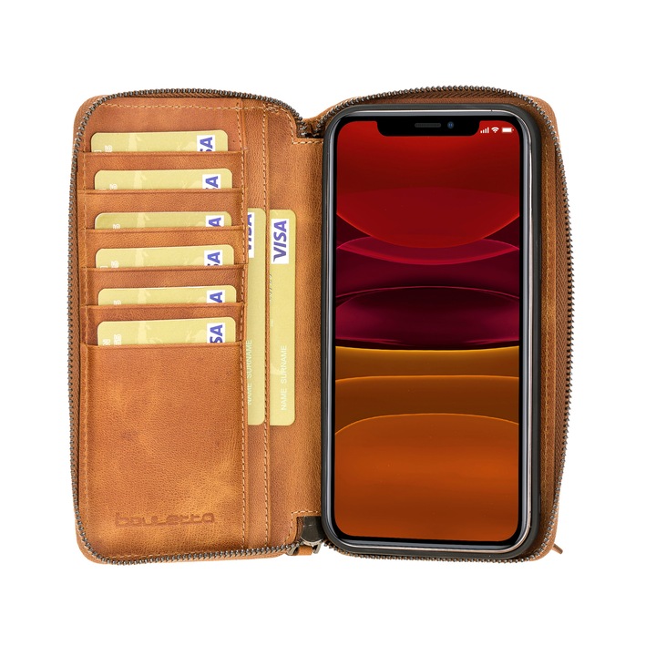 iPhone 12 Pro, iPhone 12 Tok, pénztárca, levehető hátlappal, 2 az 1-ben, természetes bőr, Bouletta Pouch Magic Wallet, Tiana tan, Barna