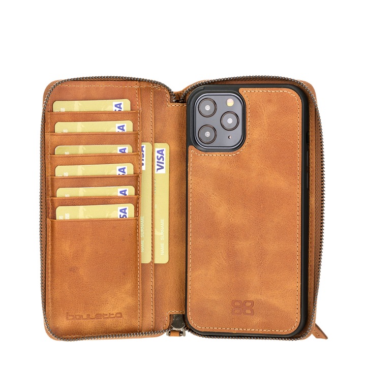 iPhone 12 Pro, iPhone 12 Tok, pénztárca, levehető hátlappal, 2 az 1-ben, természetes bőr, Bouletta Pouch Magic Wallet, Tiana tan, Barna