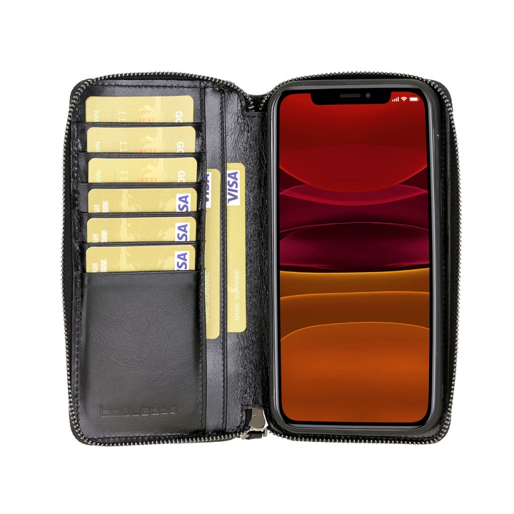 Husa, Portofel pentru iPhone 12 Pro, iPhone 12, Bouletta Pouch Magic Wallet, cu back cover detasabil inclus, 2in1, piele naturala, Negru rustic
