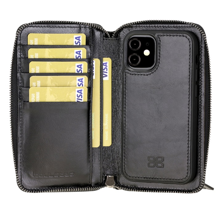 iPhone 12 Mini Tok, pénztárca, levehető hátlappal, 2 az 1-ben, természetes bőr, Bouletta Pouch Magic Wallet, Rustic black, Fekete