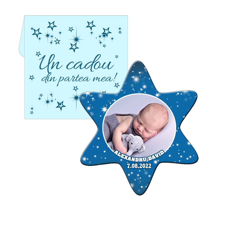 Marturie botez, Personalizari Cadouri, magnet forma stea cu plic, nuanta albastra