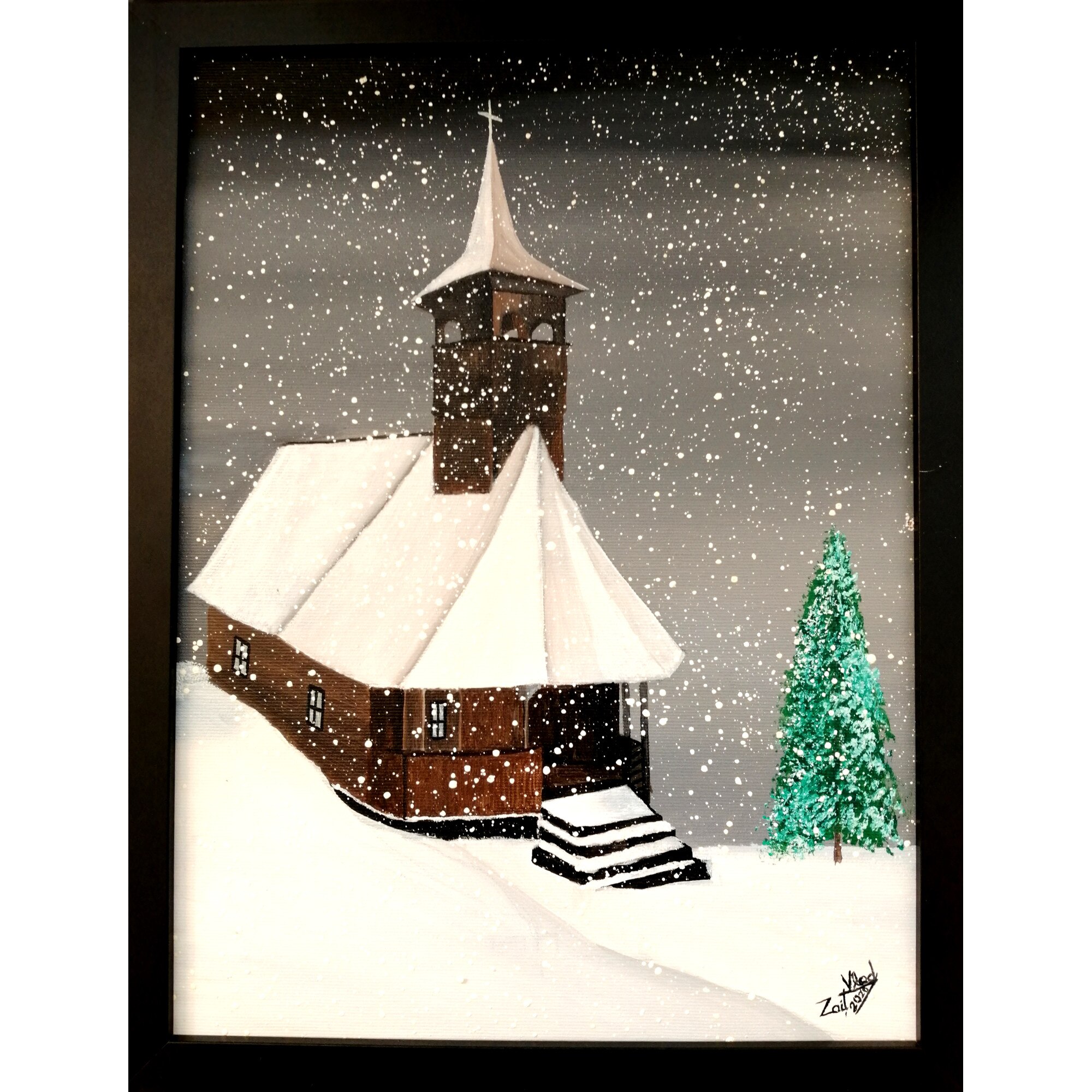 Tablou biserica iarna 43cm x 33cm pictat manual Zait Vlad - eMAG.ro