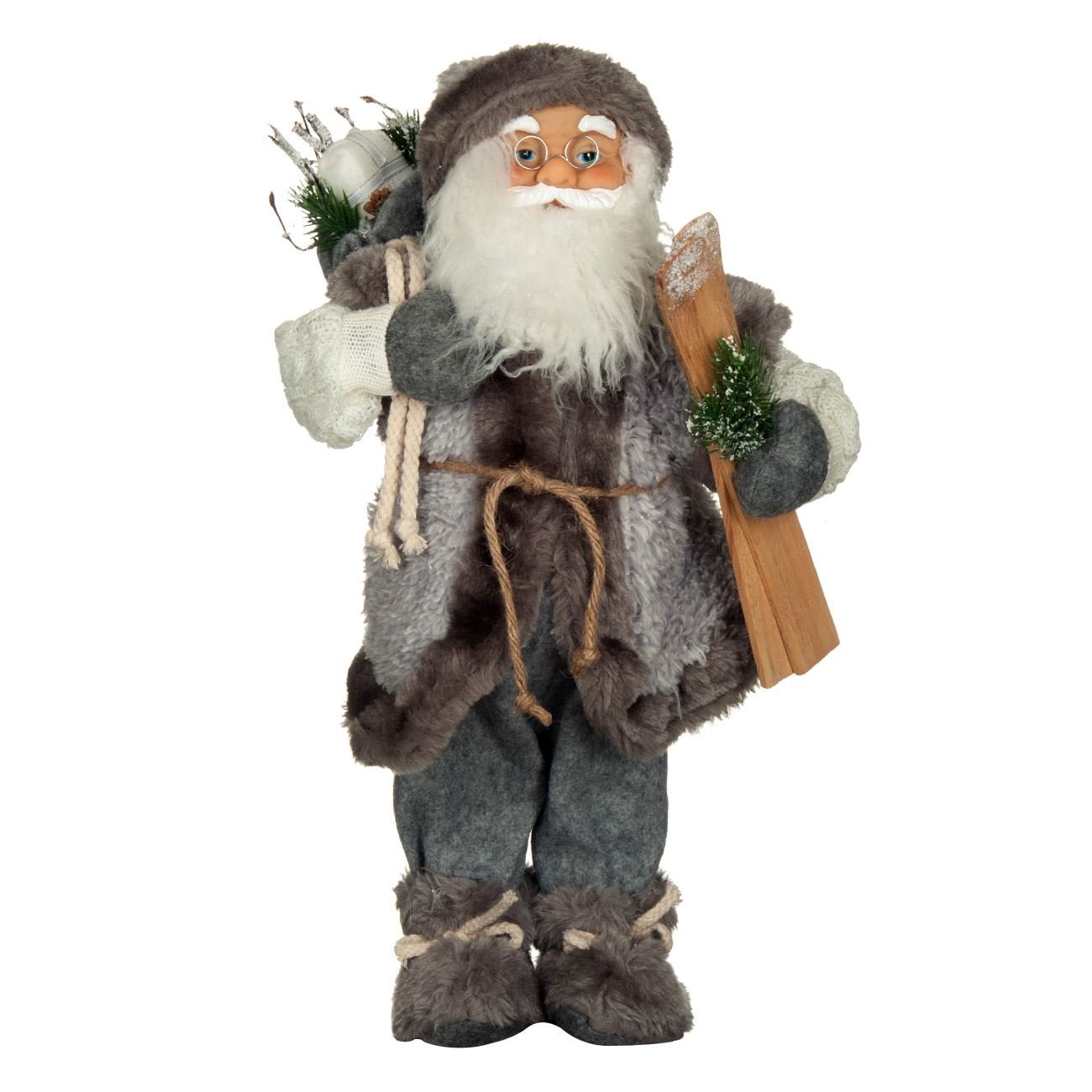Figurina Realista Decorativa, model Mos Craciun cu Schiuri si Cadouri, 46 cm, Gri/Maro