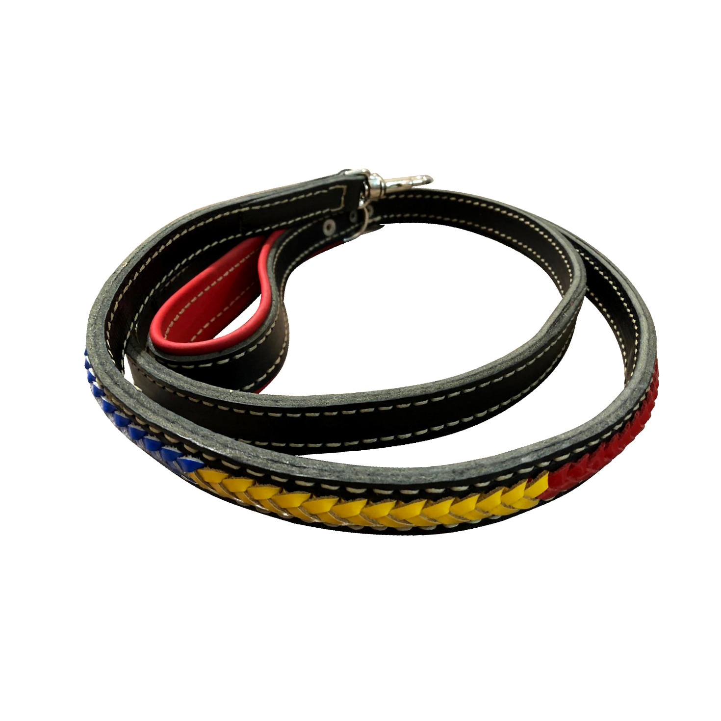Lesa pentru caine din piele naturala dublata, neagra cu impletitura tricolora (180cm / 23mm / 5mm)